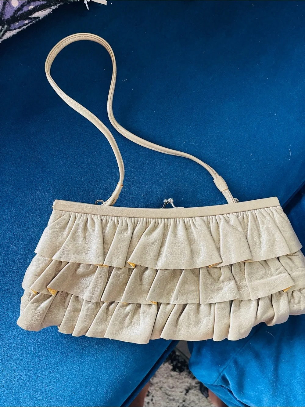 Glen Miller Beige Ruffle Leather Clutch Purse Y2K Romantic Tiered Handbag